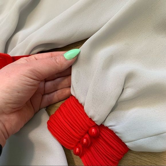 𝅺Vintage PC Sophisticate High Neck Peplum Skirt and Belt Red and Grey Size 7/8 - Picture 5 of 11